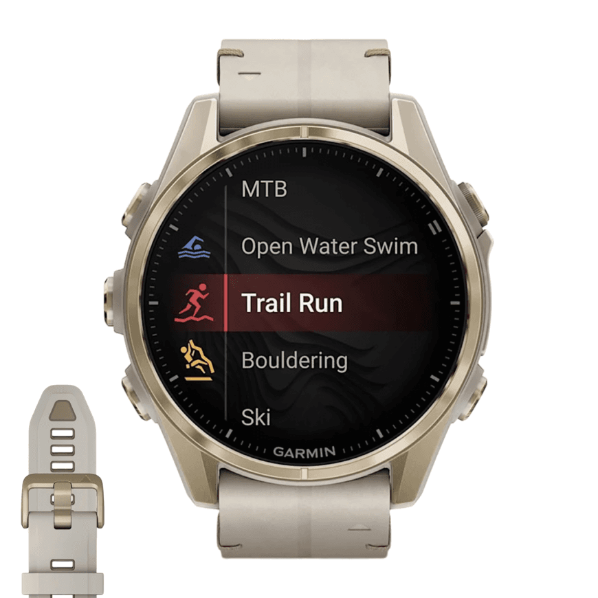Спортивные часы Garmin fenix 8, 43 мм, AMOLED, кожаный ремешок цвета «известняк», силиконовый ремешок цвета «серый туман»/«тёмный песчаник» — фото 2