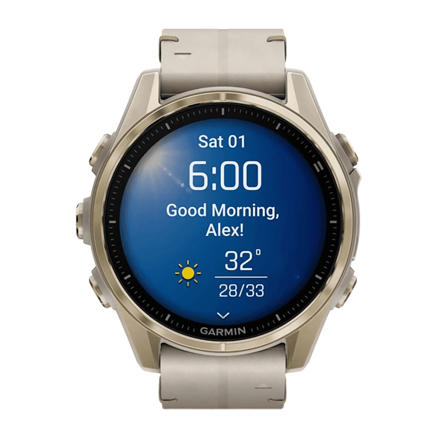 Спортивные часы Garmin fenix 8, 43 мм, AMOLED, кожаный ремешок цвета «известняк», силиконовый ремешок цвета «серый туман»/«тёмный песчаник» — фото 6
