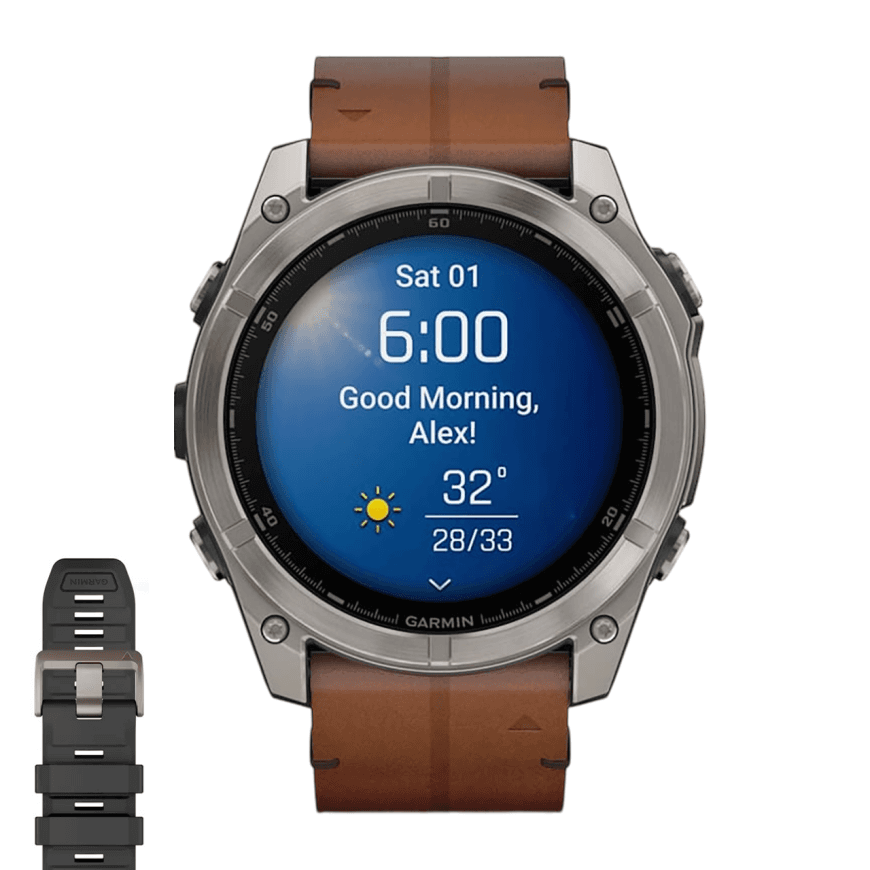 Спортивные часы Garmin fenix 8, 51 мм, AMOLED, каштановый кожаный ремешок, силиконовый ремешок цвета чёрный/«серая галька» — фото 2