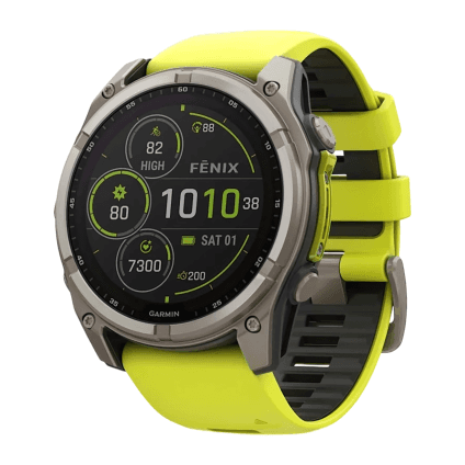 Спортивные часы Garmin fenix 8, 51 мм, Solar, титан, сапфир, силиконовый ремешок цвета «электрический жёлтый»/графитовый