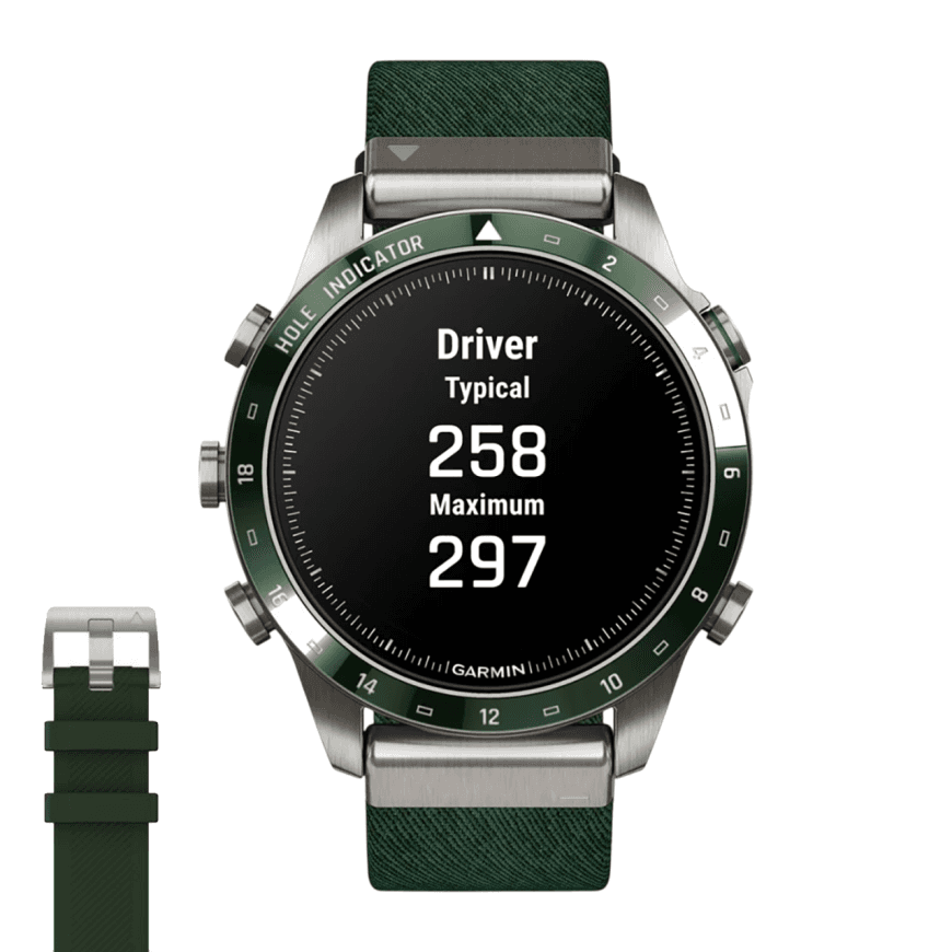 Спортивные часы Garmin MARQ Golfer (Gen 2), нейлоновый ремешок цвета «сосновый лес», силиконовый ремешок цвета «сосновый лес» — фото 2