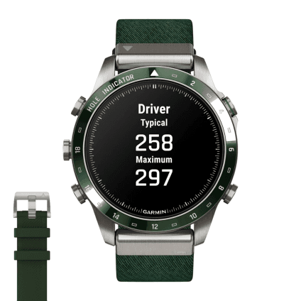 Спортивные часы Garmin MARQ Golfer (Gen 2), нейлоновый ремешок цвета «сосновый лес», силиконовый ремешок цвета «сосновый лес»