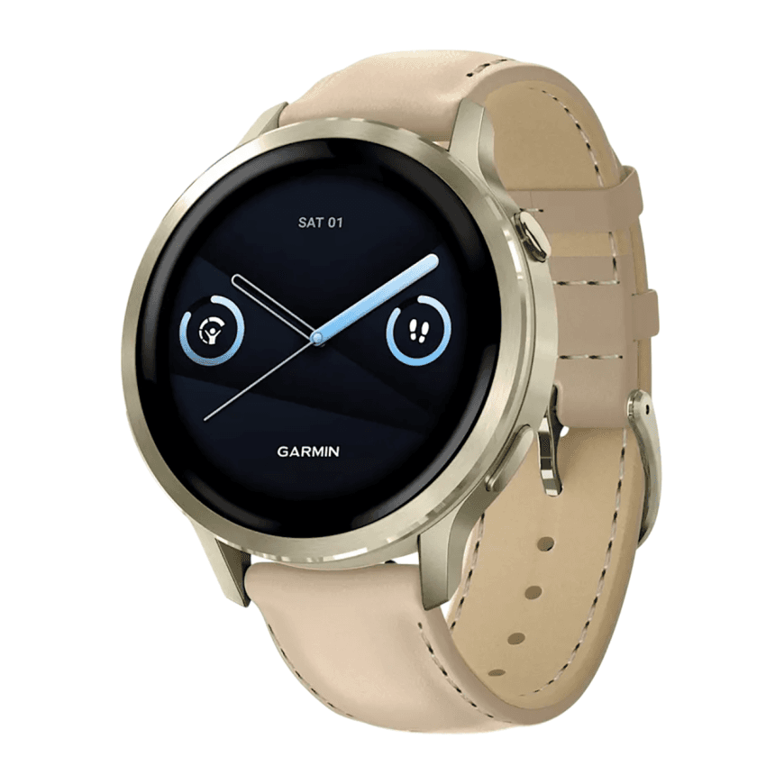 Спортивные часы Garmin Venu 4, 41 мм, светло-песочный кожаный ремешок, силиконовый ремешок цвета кости — фото 3