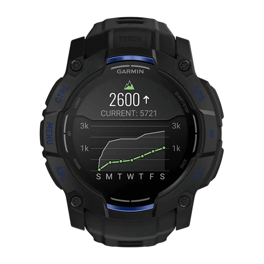 Спортивные часы Garmin Instinct 3, 50 мм, AMOLED, силиконовый ремешок цвета «чёрный/синий» — фото 6