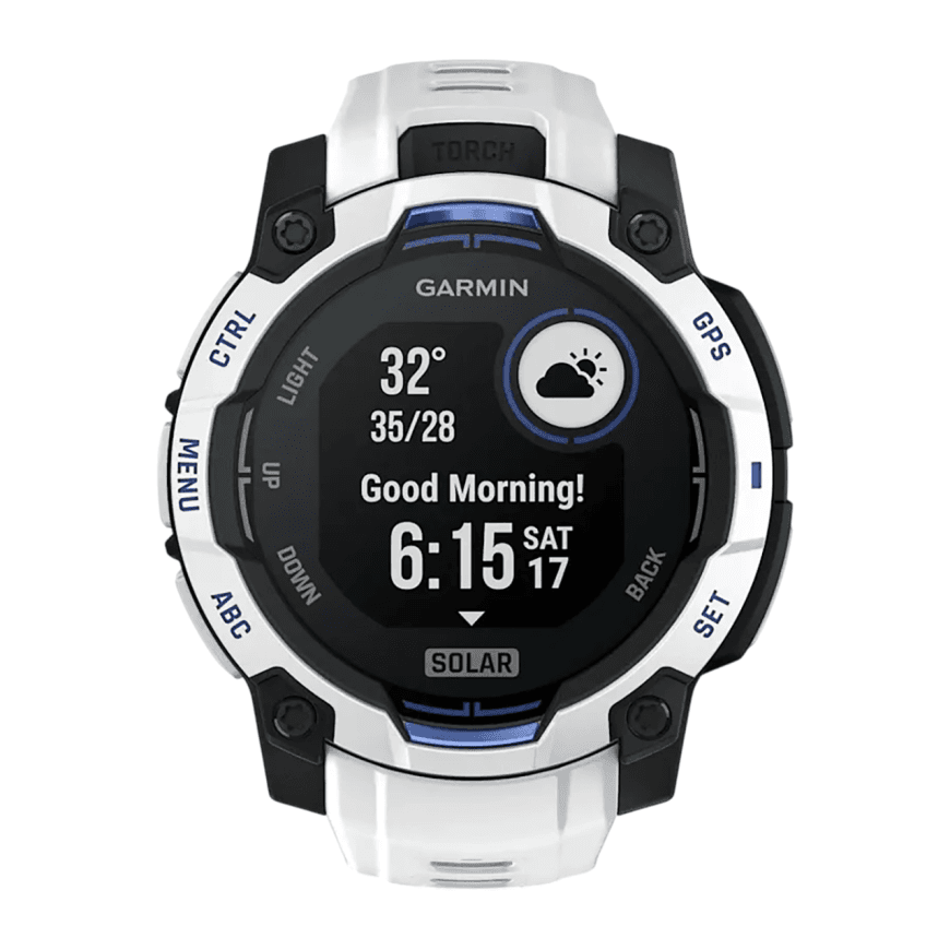 Спортивные часы Garmin Instinct 3, 45 мм, Solar, силиконовый ремешок цвета «Уайтстоун/синий» — фото 2